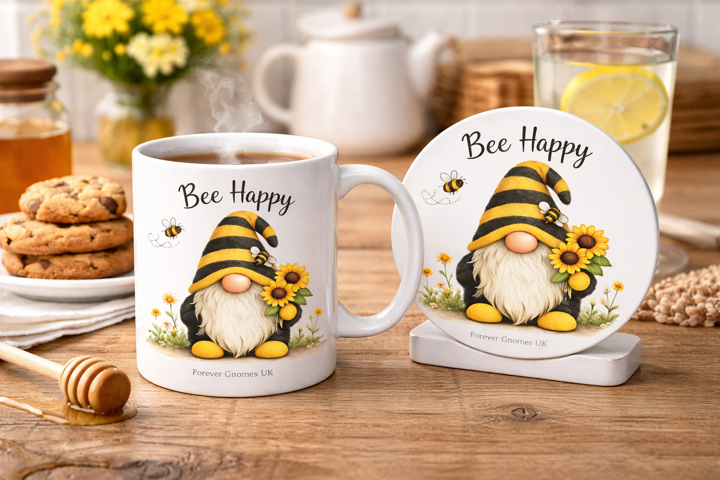 Bee Happy Gift Set – Mug & Ceramic Coaster By Forever Gnomes UK