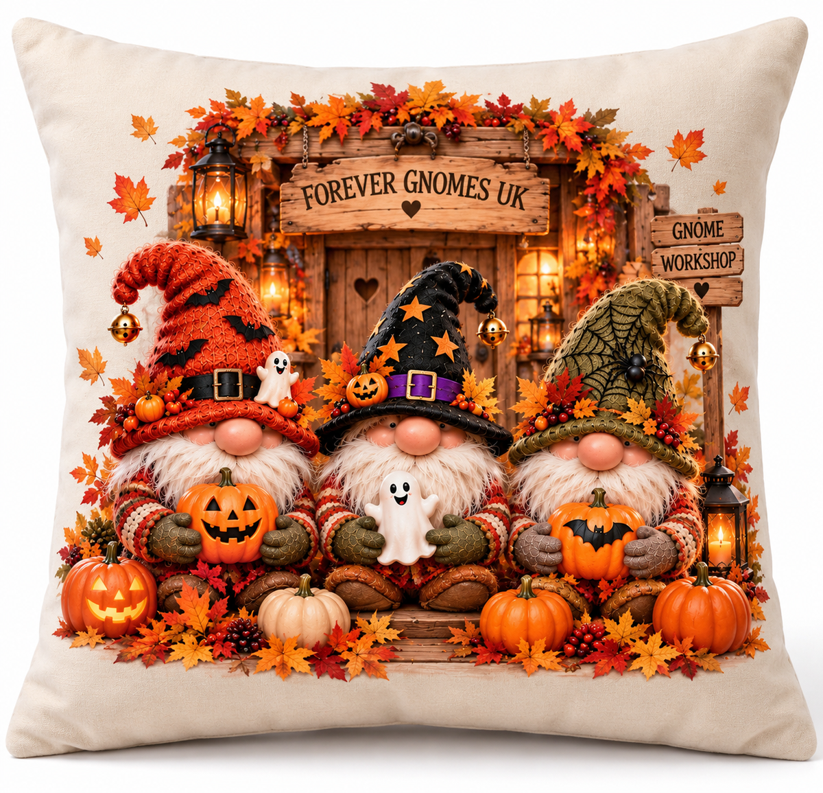 Workshop Gnomes Halloween Cushion – Wilfred, Alfie & Barnaby | Pumpkin & Ghost Autumn Cushion | Forever Gnomes UK
