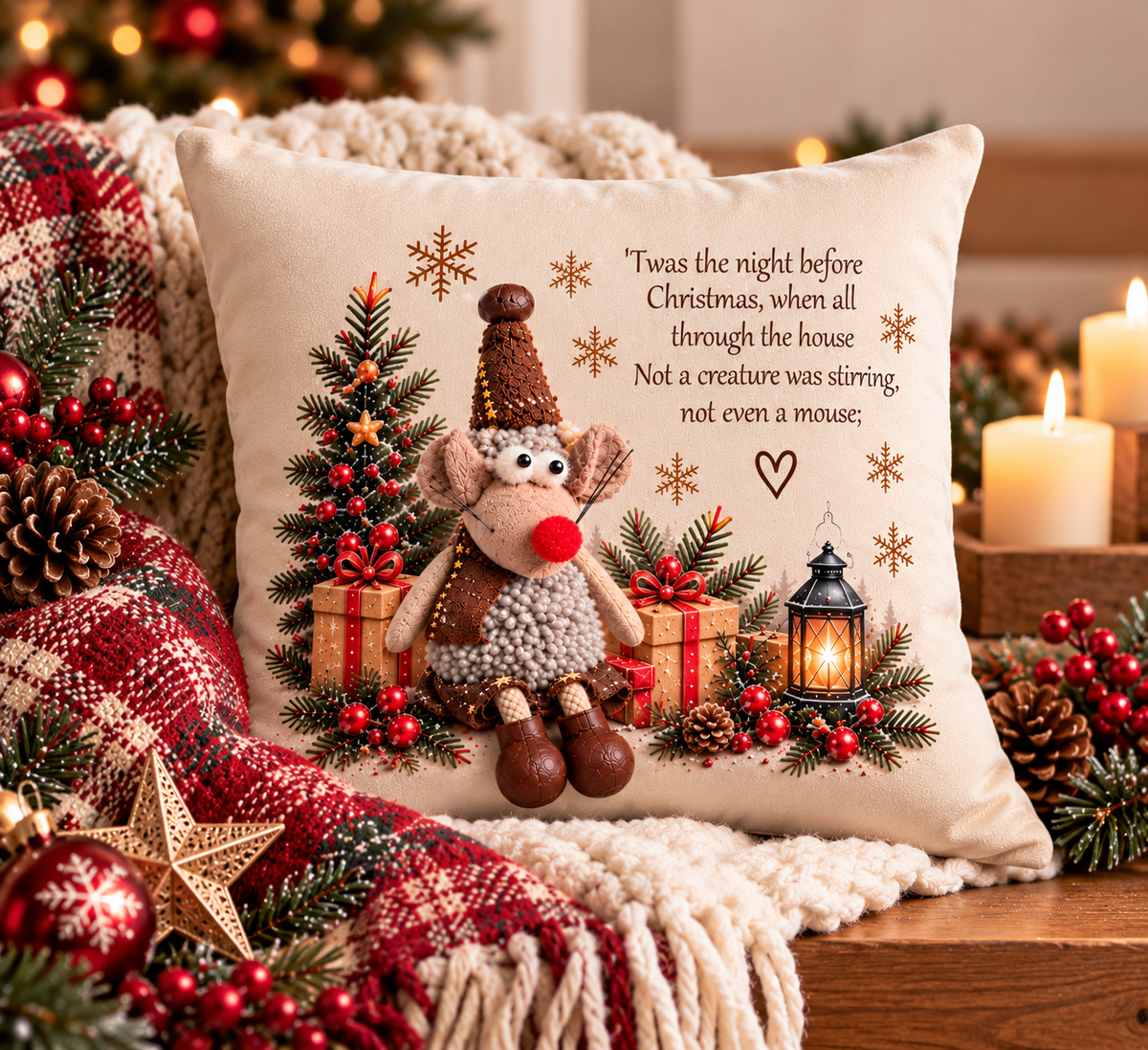 Christmas Mouse Cushion | ’Twas The Night Before Christmas Cushion | Festive Mouse Christmas Decor | 40x40cm Velour Cushion