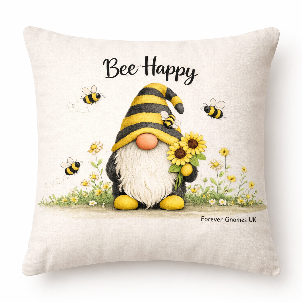 Bee Happy Linen Cushion 40 x 40cm | Handmade Gnome Cushion | Forever Gnomes UK
