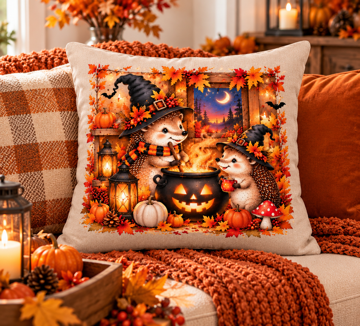 Halloween Hedgehog Cushion | Autumn Woodland Cushion | Witch Hedgehogs & Pumpkin Decor | Cosy Fall Home Décor | 40cm Cushion