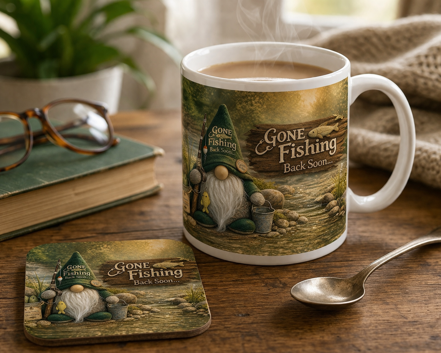 Gone Fishing Mug & Coaster Gift Set  Designed & Handmade by Forever Gnomes UK