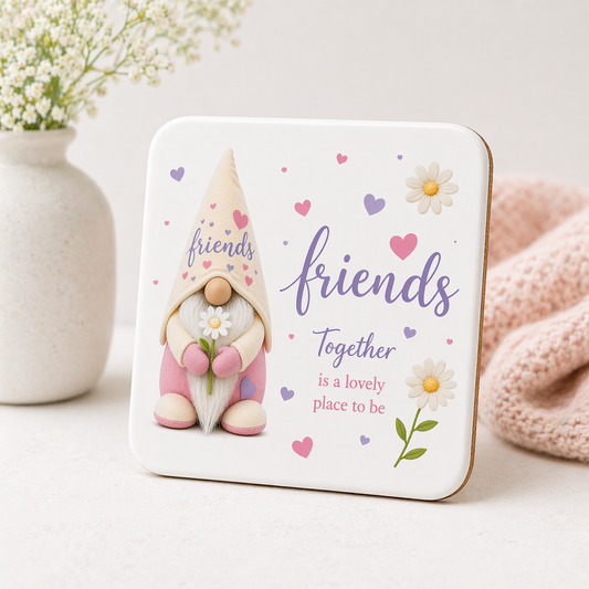 Friends Gonk Ceramic Coaster – Friendship Gift | Handmade Coaster with Daisy Design | Forever Gnomes UK