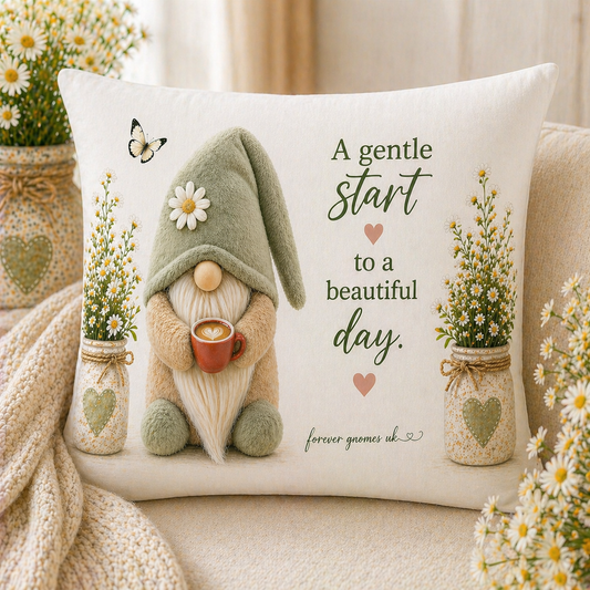 Gentle Start Gonk Cushion | Soft Velour Cushion 40x40 | Daisy Cottagecore Pillow | Inspirational Home Decor | Cosy Gift | Forever Gnomes UK