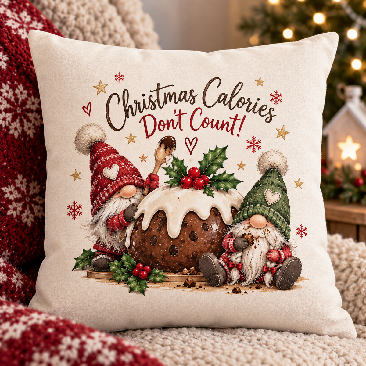 Christmas Calories Don’t Count Gnome Cushion | Christmas Pudding Cushion | Festive Velour Cushion | 40cm