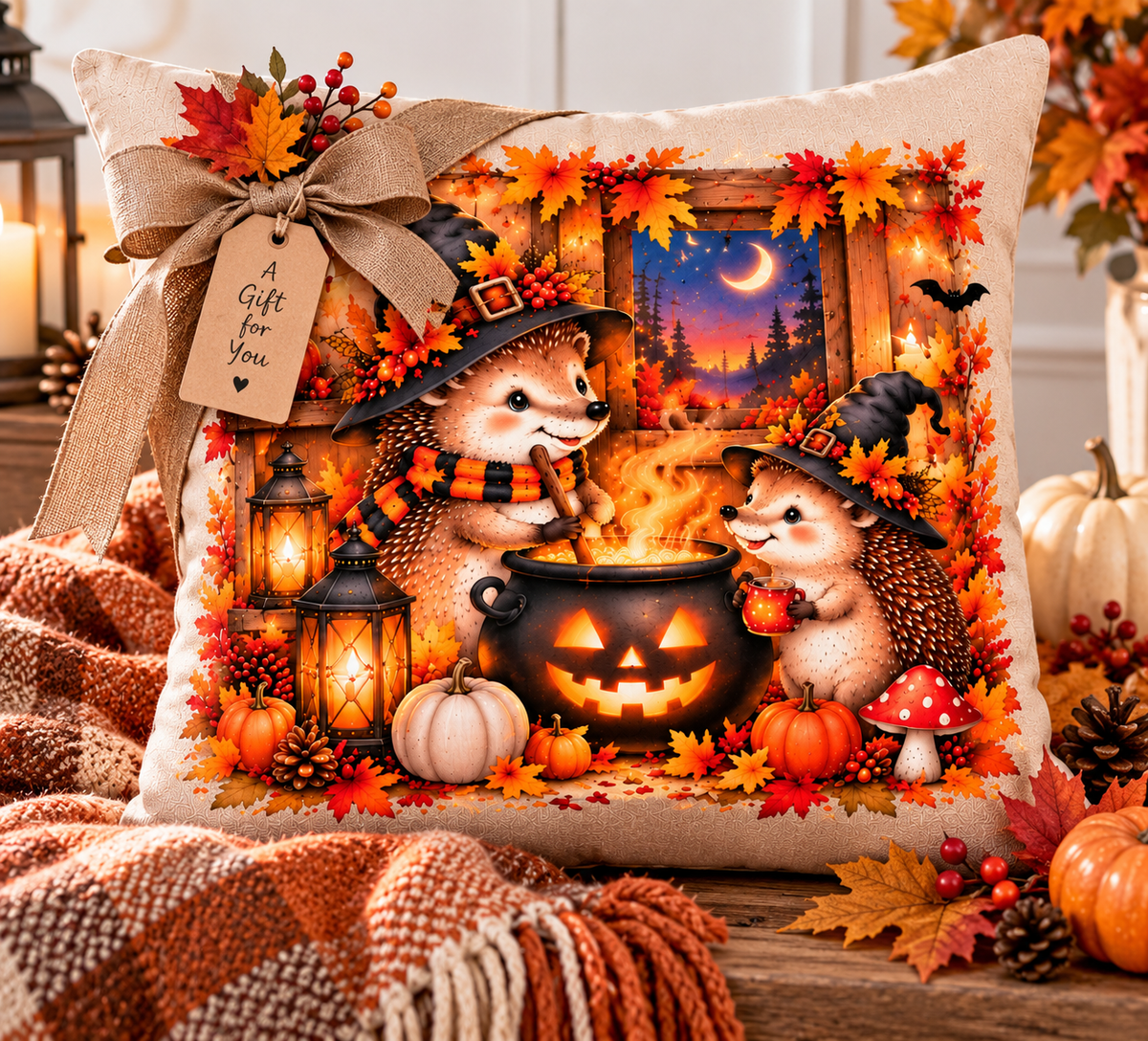 Halloween Hedgehog Cushion | Autumn Woodland Cushion | Witch Hedgehogs & Pumpkin Decor | Cosy Fall Home Décor | 40cm Cushion