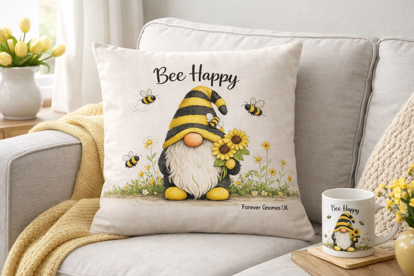 Bee Happy Linen Cushion 40 x 40cm | Handmade Gnome Cushion | Forever Gnomes UK