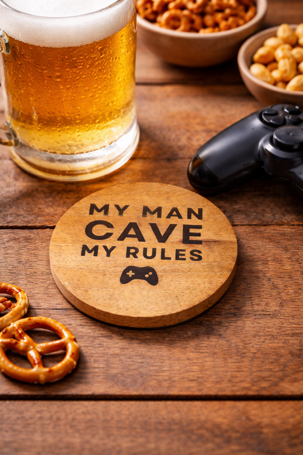 Man Cave Wooden Round Coaster