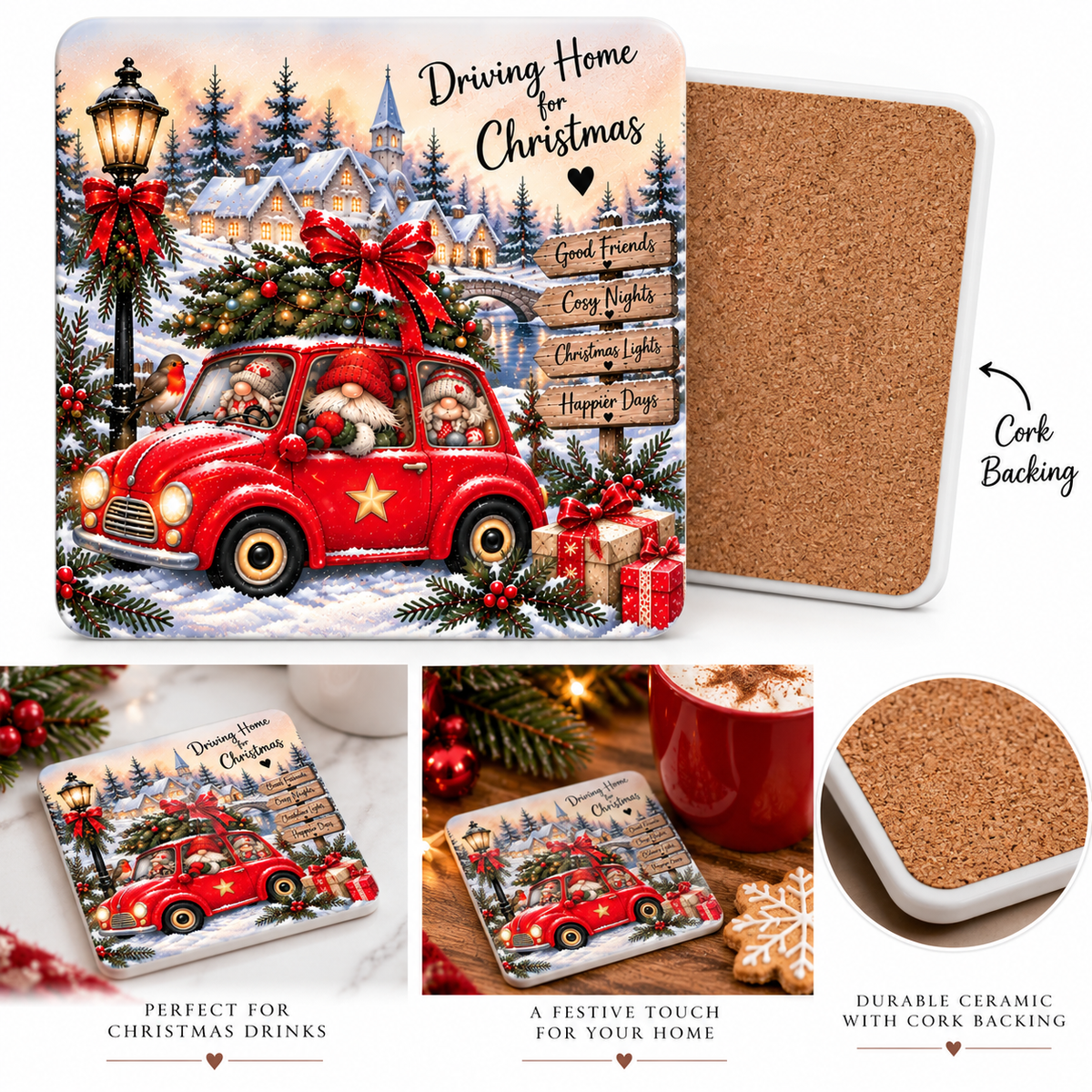 Driving Home for Christmas Gnome Coaster – 10cm Ceramic Christmas Coaster with Cork Back – Exclusive to Forever Gnomes UK