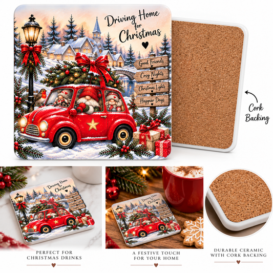 Driving Home for Christmas Gnome Coaster – 10cm Ceramic Christmas Coaster with Cork Back – Exclusive to Forever Gnomes UK