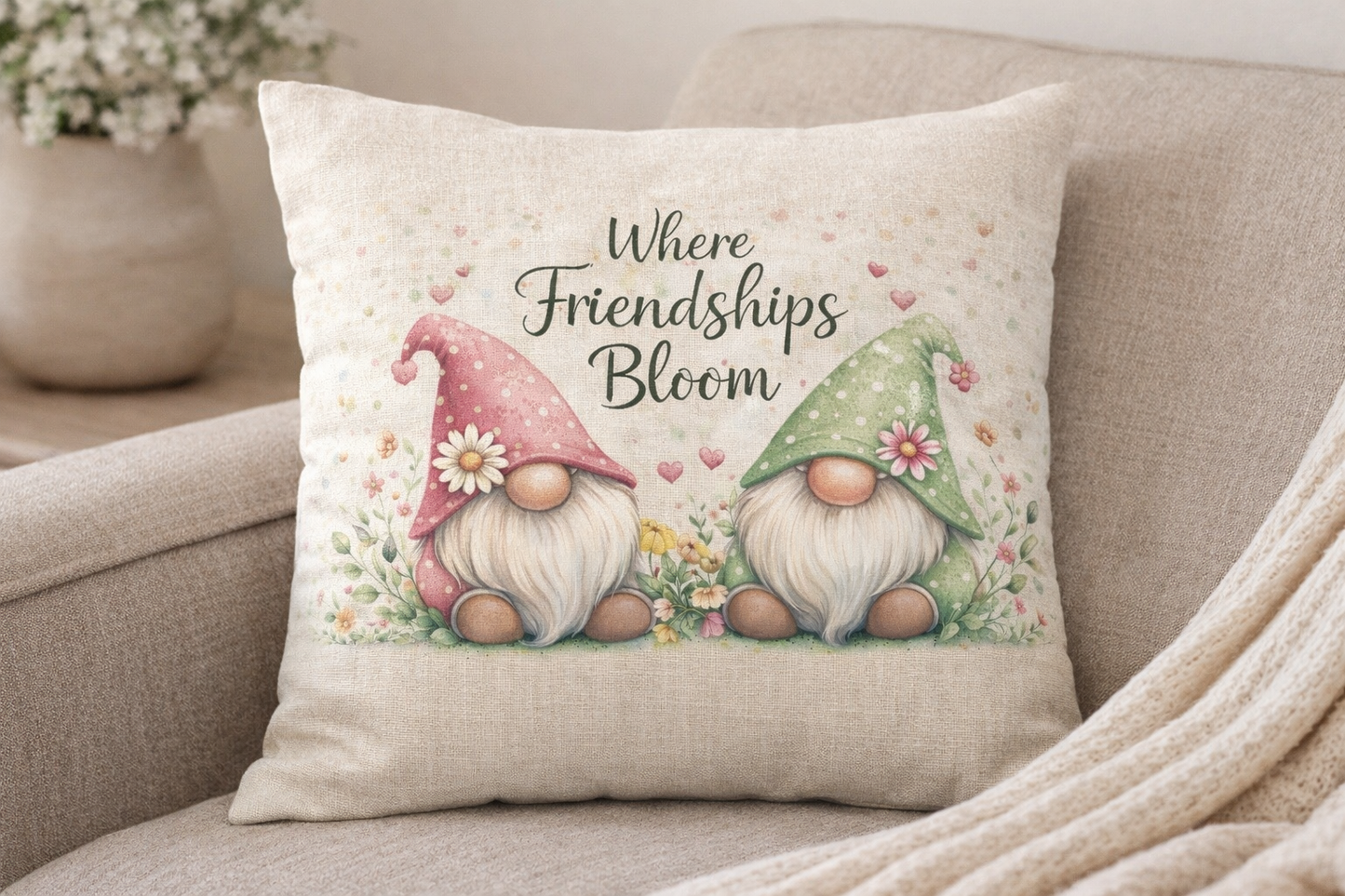 Where Friendships Bloom – Linen Gonk Cushion