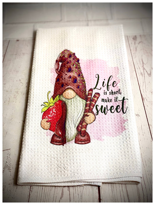 Handmade Life Is Short, Waffle Weave Gnome Tea Towel, Gonk, Nordic, Swedish Tomte