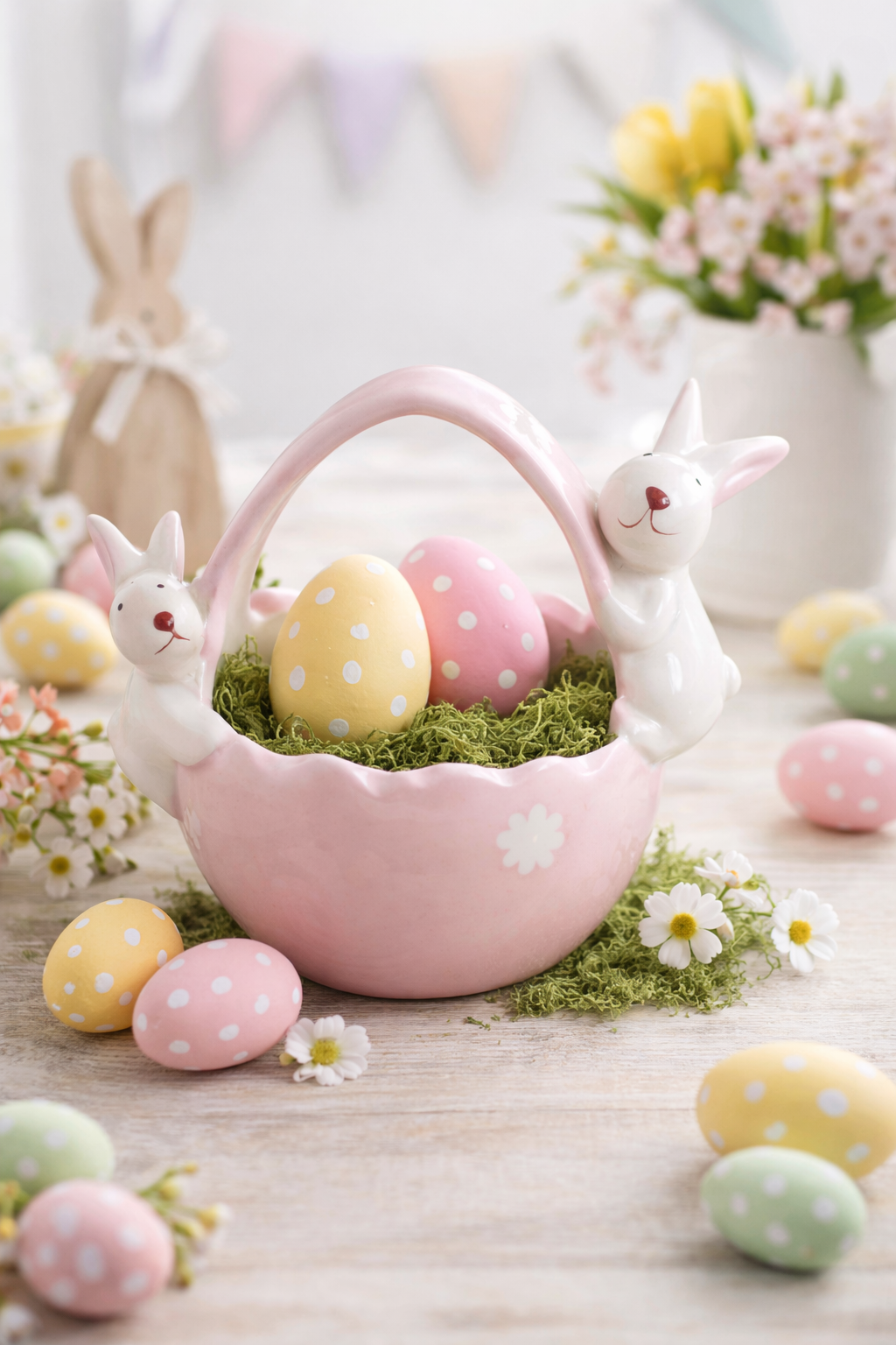 Pink Bunny Ceramic Basket 11.5cm