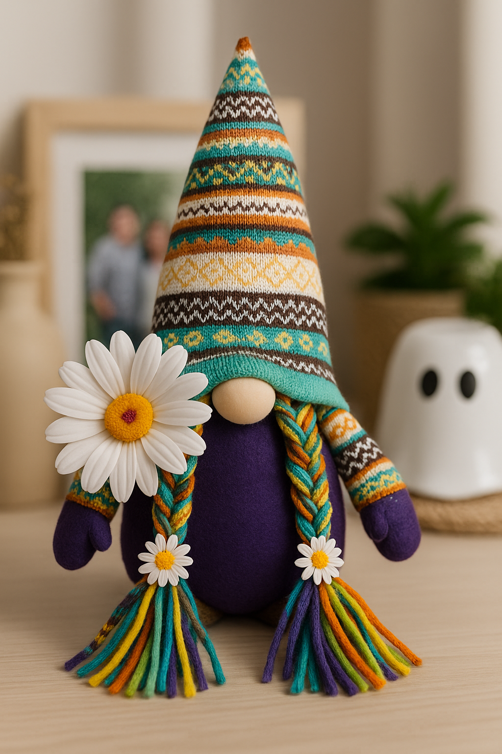 Handmade Daisy Gonk, with oversized Daisy and ladybug, Nordic Gnome, Swedish Tomte