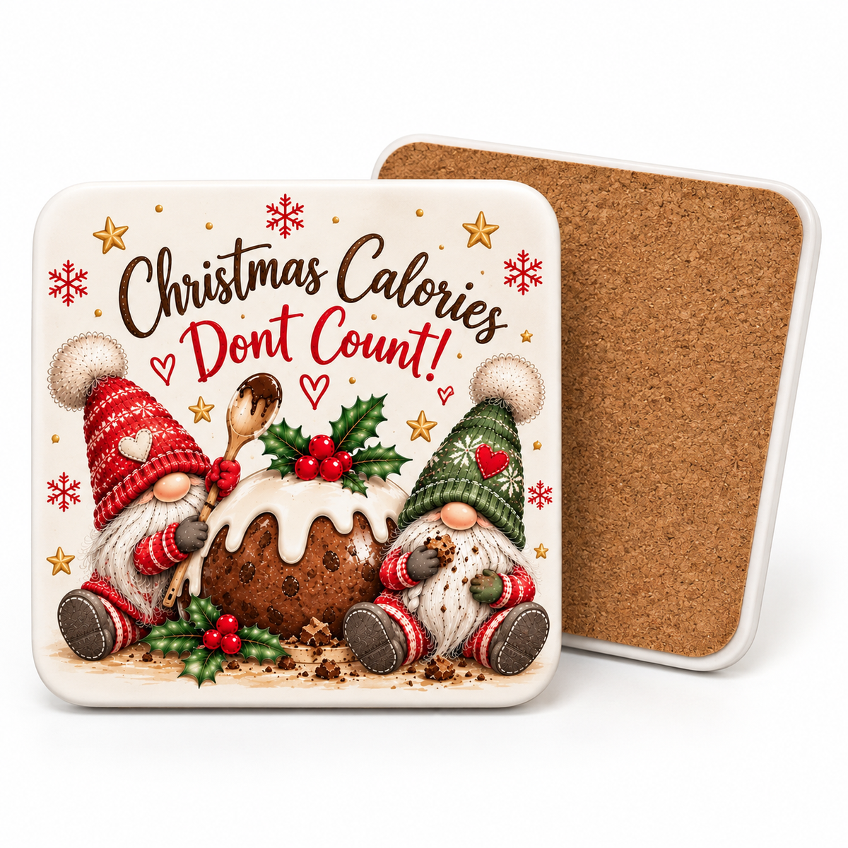 Christmas Calories Don’t Count Ceramic Coaster – Christmas Gnome & Pudding Coaster – Festive Gift