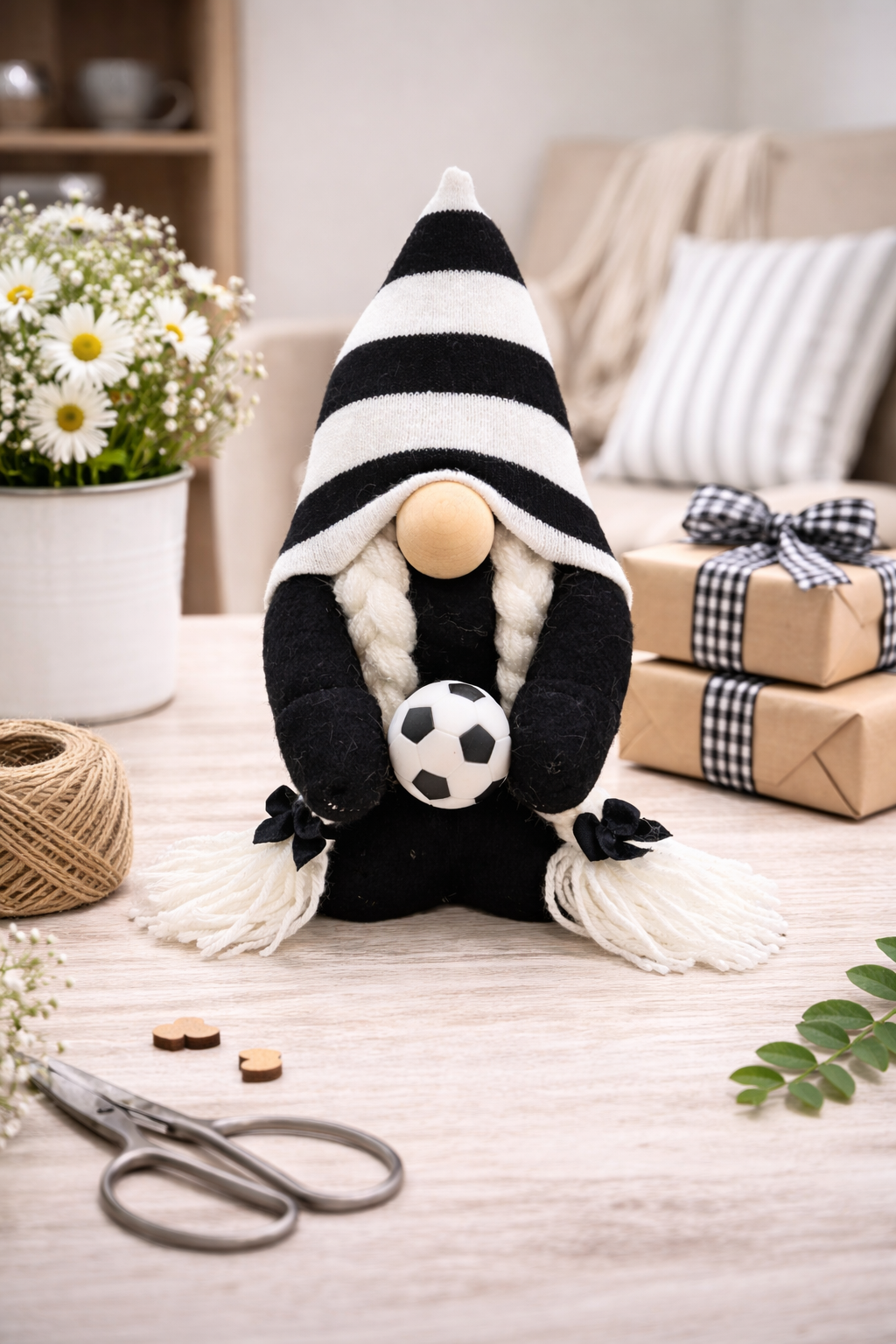 Handmade Black and White Football Nordic Gnome, Swedish Tomte