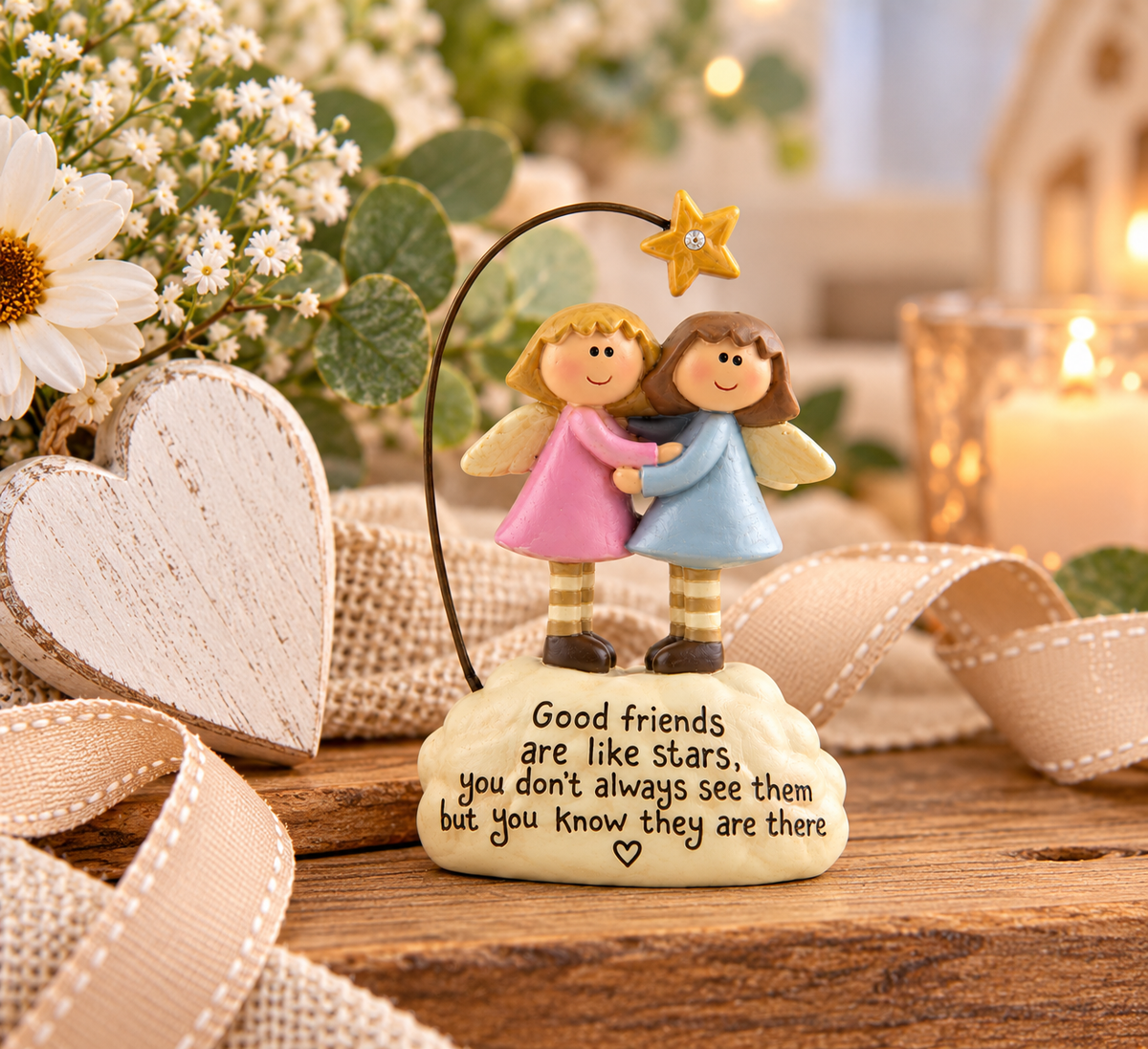 Freestanding Decorative Keepsake: Two Angel Friends Beneath Star with Sentiment