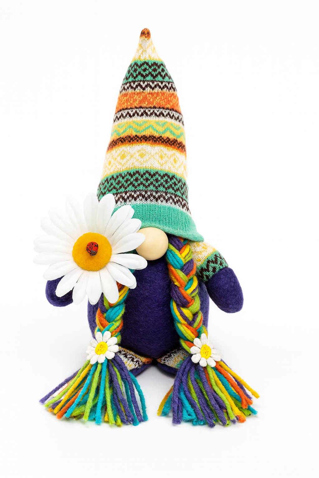 Handmade Daisy Gonk, with oversized Daisy and ladybug, Nordic Gnome, Swedish Tomte