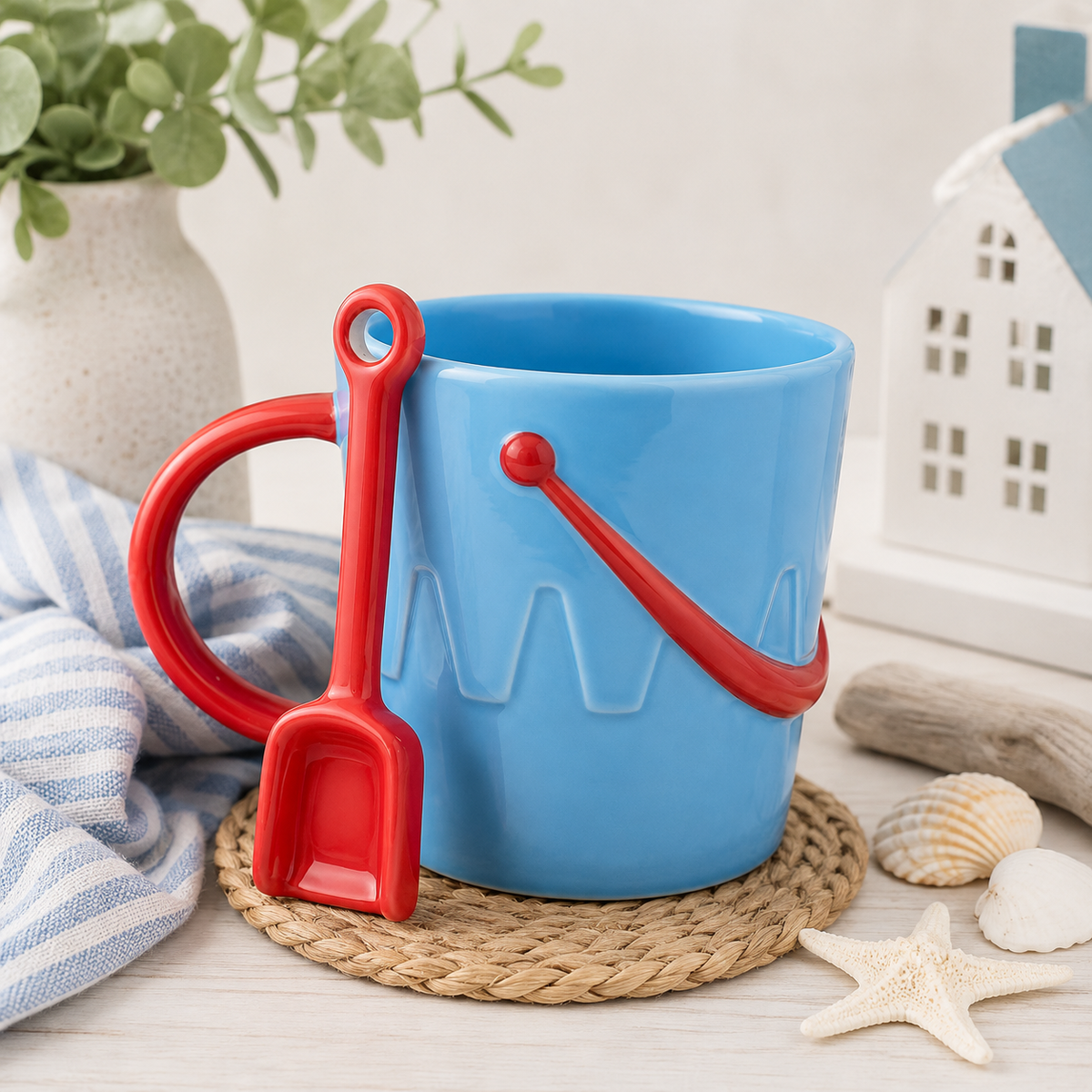 Seaside Bucket Mug with Ceramic Spade Spoon