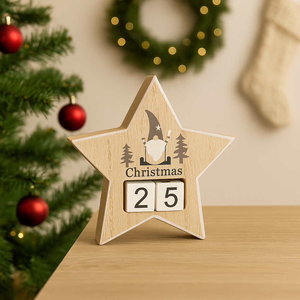 Wooden Gonk Christmas Countdown Block (Star), 15cm x 15cm