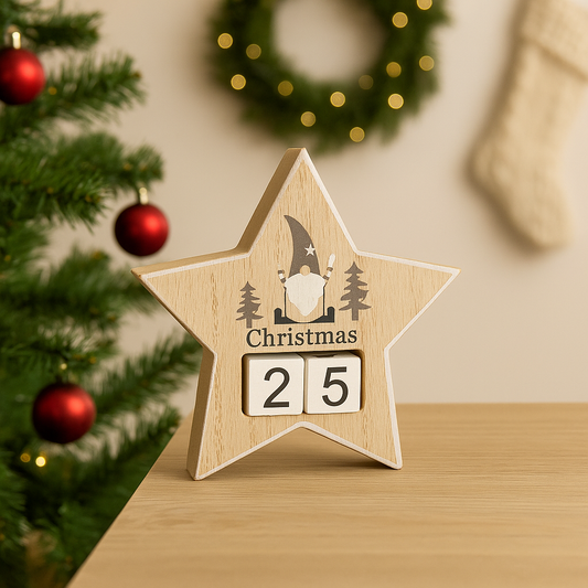 Wooden Gonk Christmas Countdown Block (Star), 15cm x 15cm