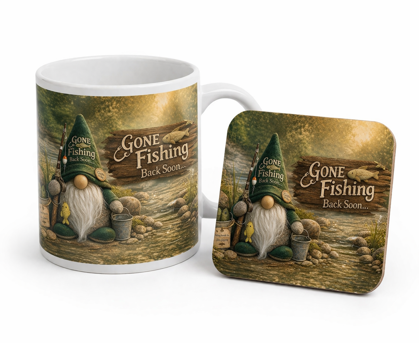 Gone Fishing Mug & Coaster Gift Set  Designed & Handmade by Forever Gnomes UK