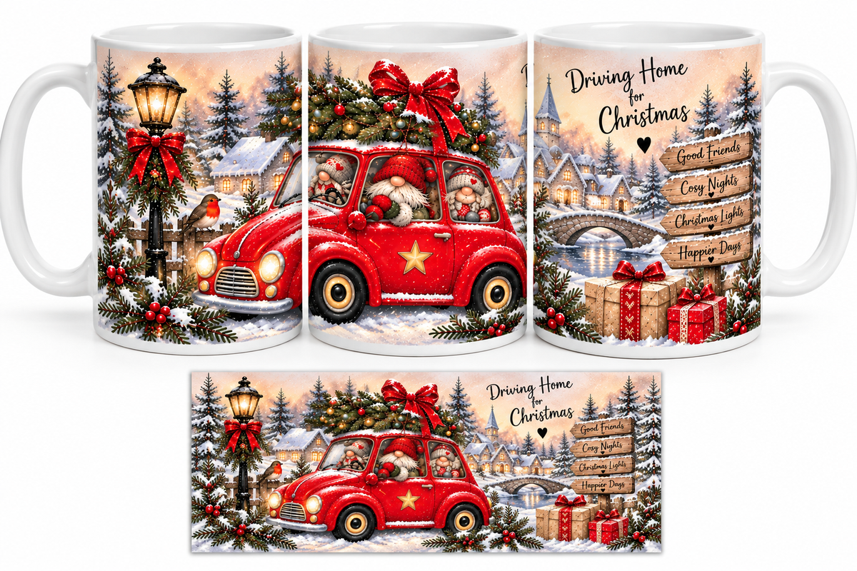 Driving Home for Christmas Gnome Mug – 11oz Ceramic Christmas Mug – Exclusive to Forever Gnomes UK