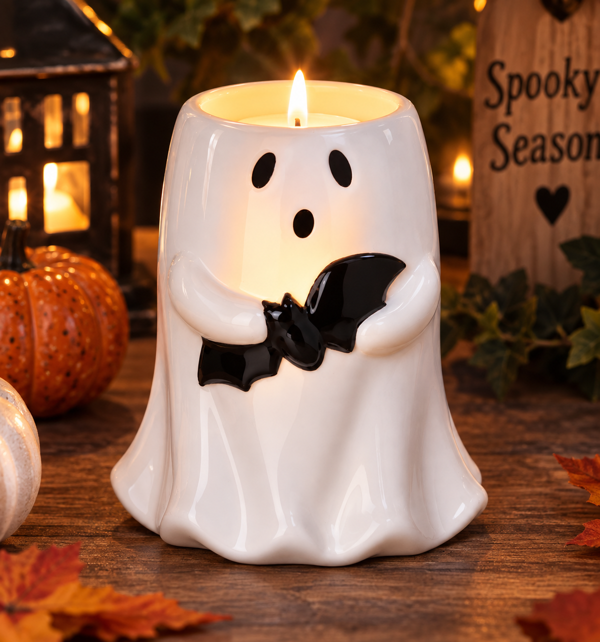 Ceramic Ghost & Bat Tealight Holder – Halloween Decoration