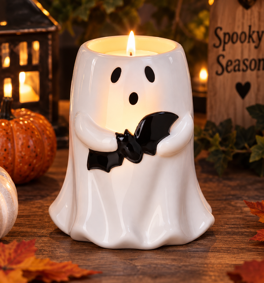 Ceramic Ghost & Bat Tealight Holder – Halloween Decoration