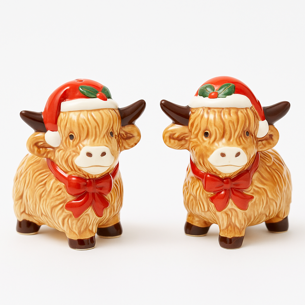 Highland Cow Christmas Salt and Pepper Set, 14cm
