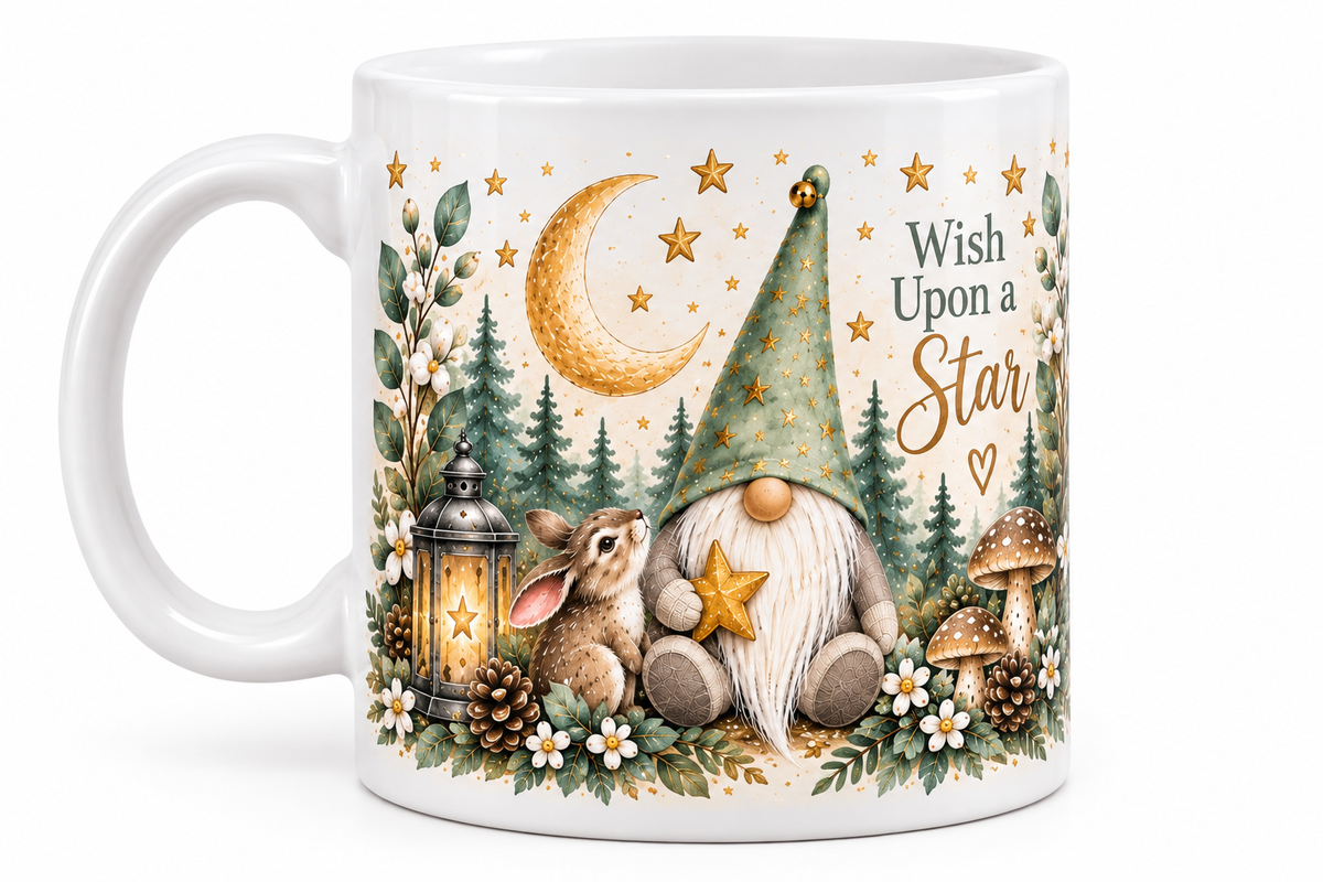 Wish Upon a Star Gnome Mug – 11oz Ceramic Woodland Mug – Exclusive Forever Gnomes UK Design