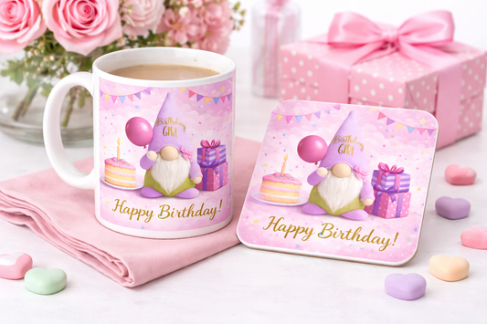 Birthday Girl Gonk Mug & Coaster Gift Set | Cute Birthday Gift for Her | Handmade Gnome Mug | Pink Birthday Gift Idea