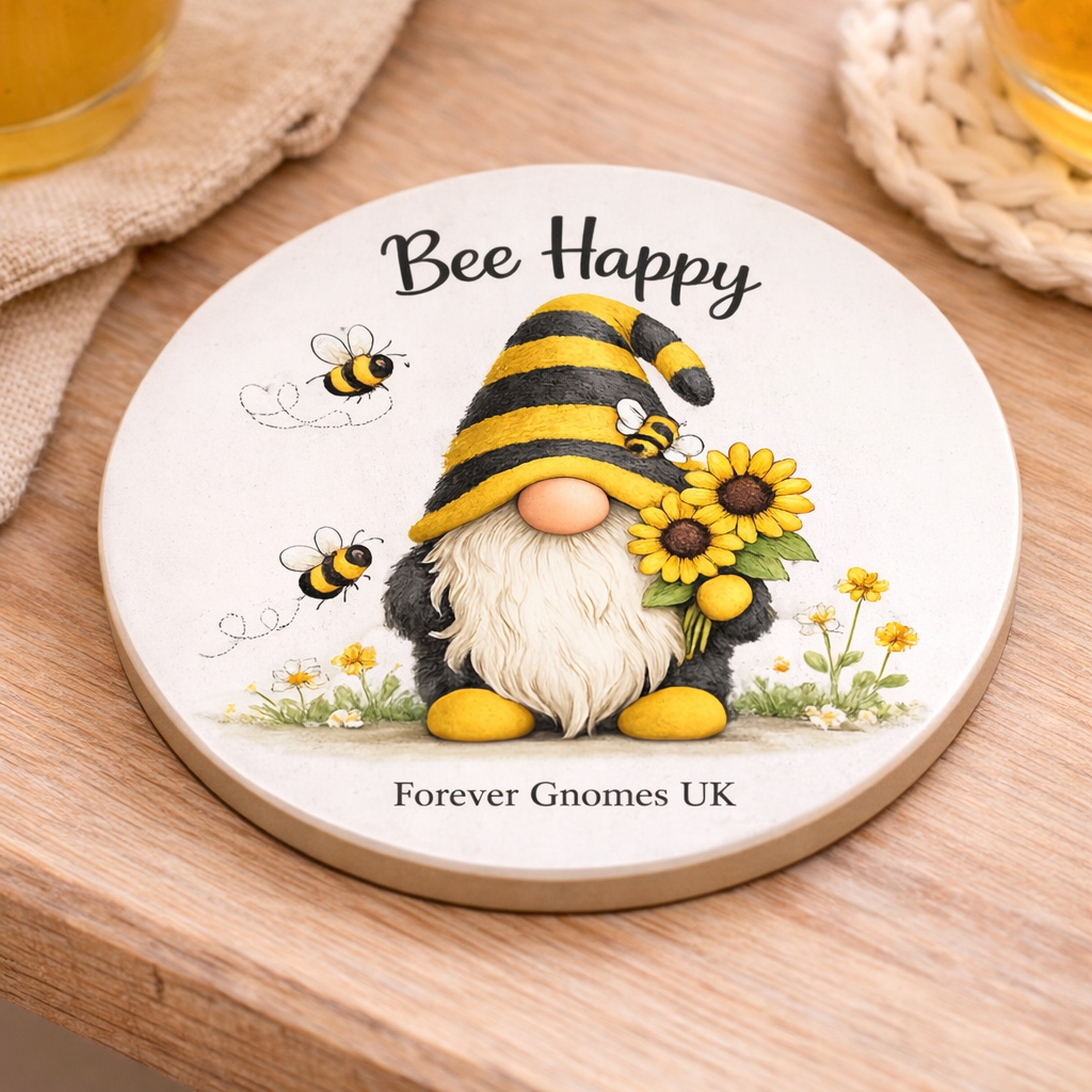 Bee Happy Ceramic Coaster – Sunflower Gonk Design