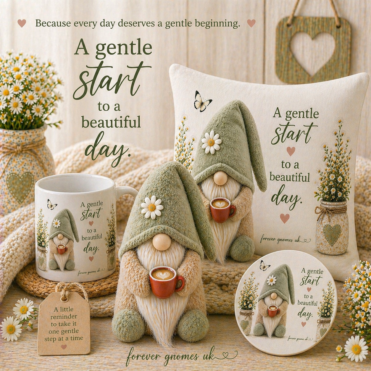 Gentle Start Gonk with Coffee Mug – 10” Handmade Decorative Gnome | Daisy Hat | Forever Gnomes UK