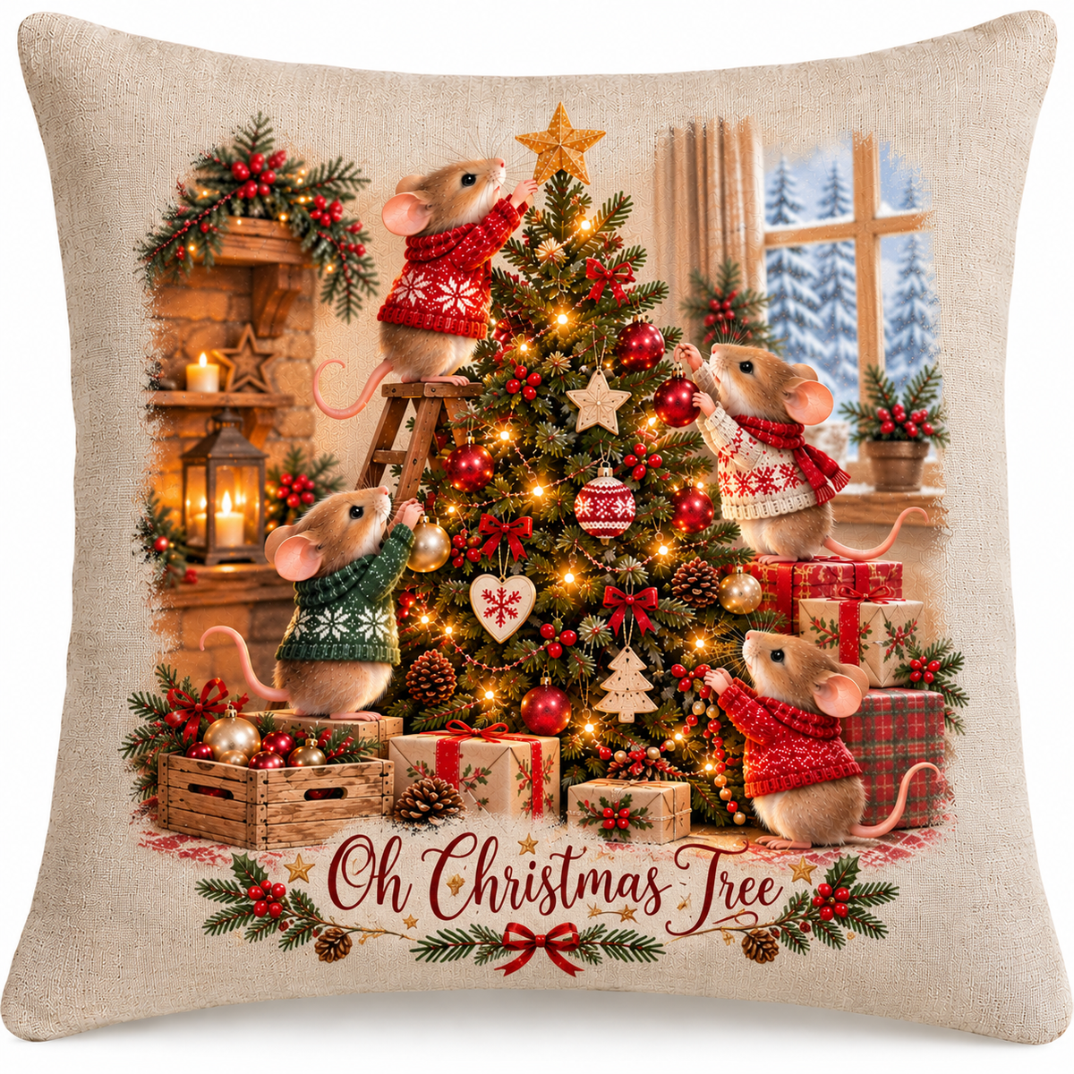 Oh Christmas Tree – Christmas Mice Cushion | Exclusive Forever Gnomes UK Design | Festive Woodland Décor | 40 x 40cm