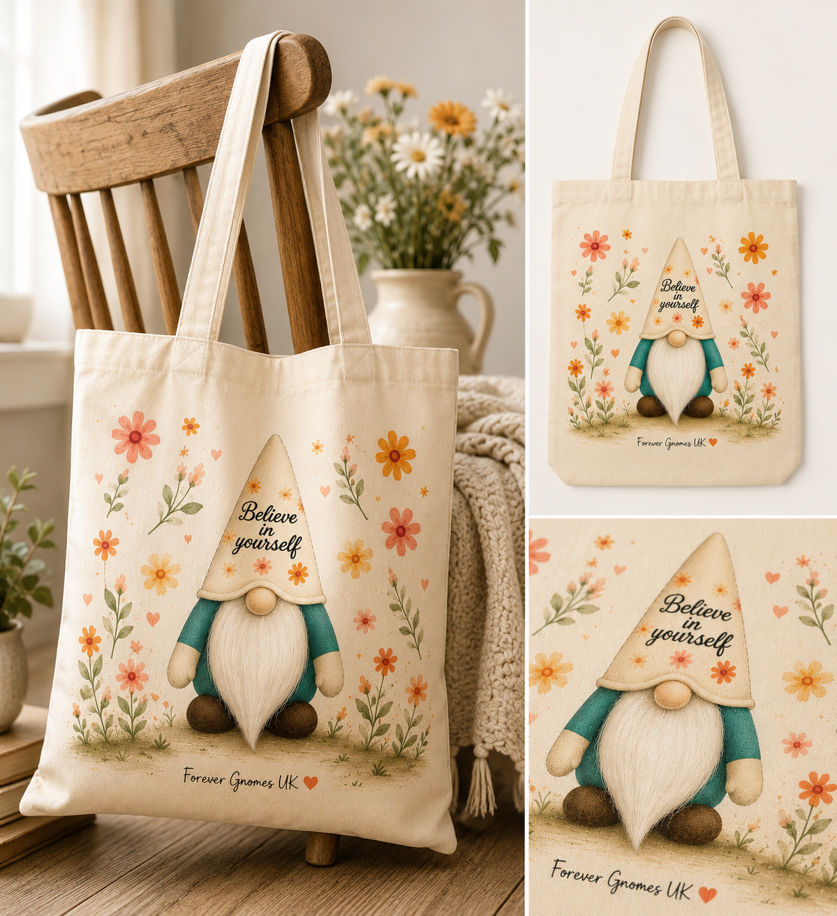 Believe In Yourself Gonk Tote Bag – Floral Inspirational Shopping Bag – Handmade by Forever Gnomes UK