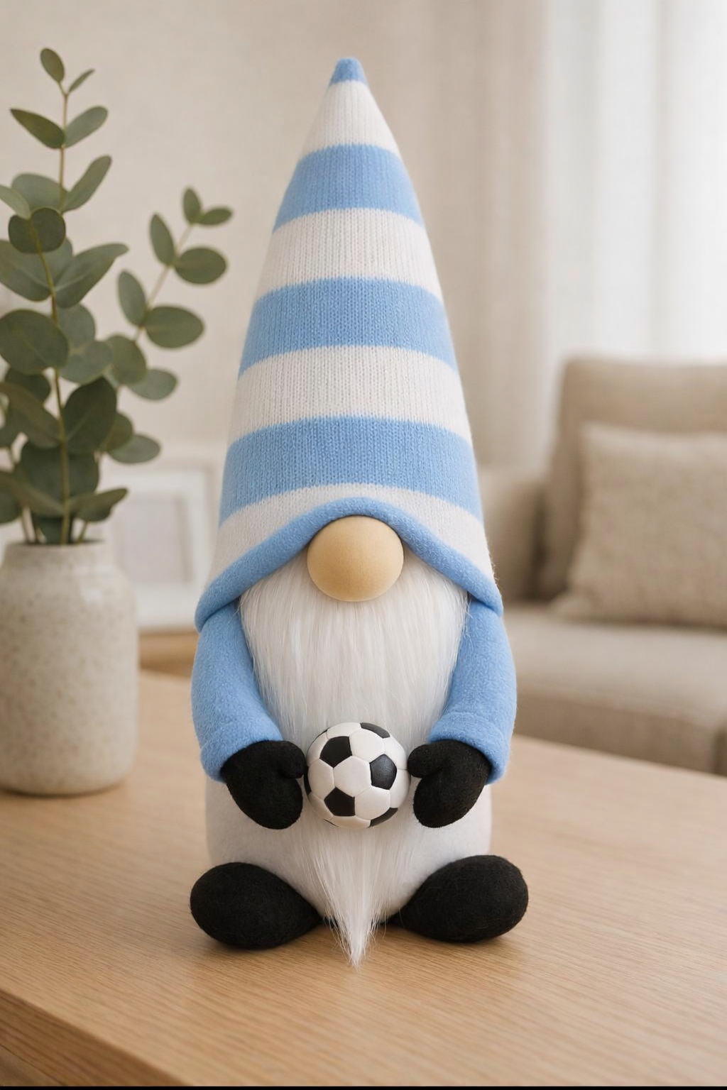 Light Blue & White Football Gonk – Handmade Decoration (10 Inches)
