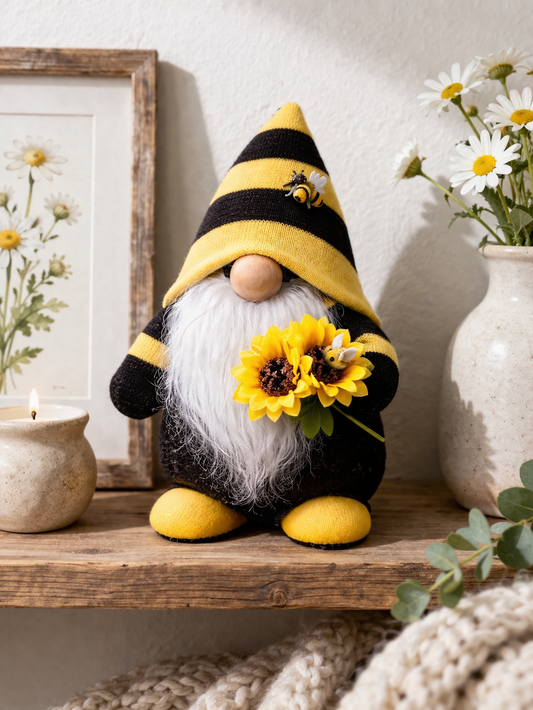 Handmade Bee Gonk with Sunflowers – Bumblebee Gnome Decoration | 9” Spring Home Décor | Forever Gnomes UK