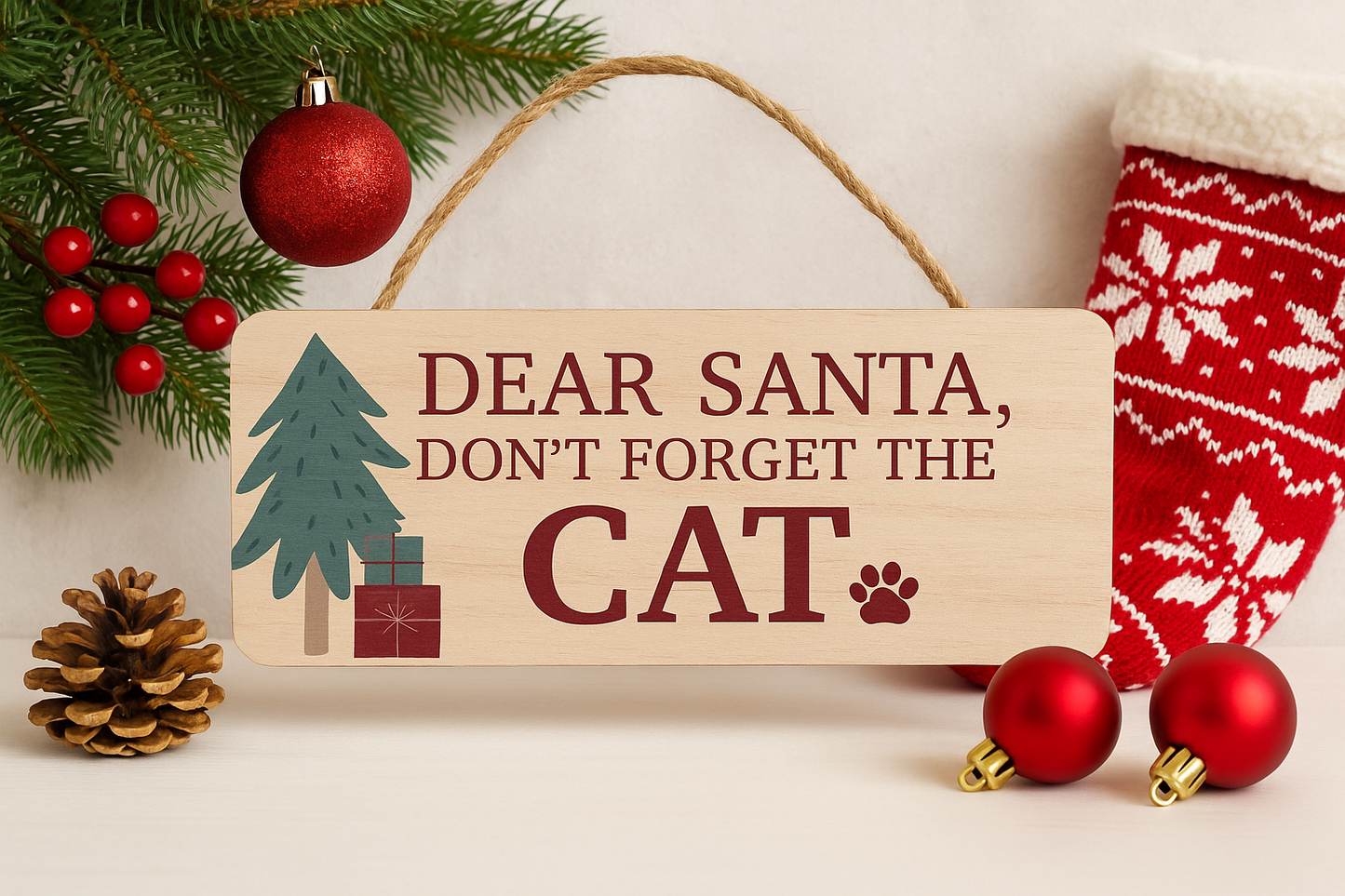 Wooden Santa Don’t Forget The Cat Sign 15cm