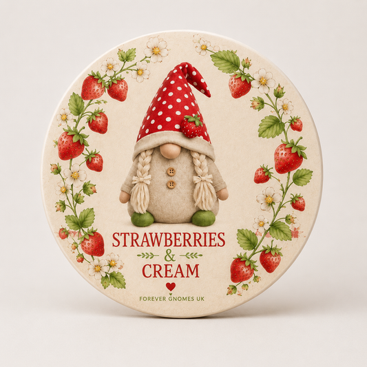 Strawberries & Cream Gonk Ceramic Coaster | Cottagecore Strawberry Drink Coaster | Handmade by Forever Gnomes UK