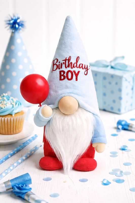 Handmade Birthday Boy Gonk with Balloon – 10 Inch Nordic Gnome Gift | Swedish Tomte | Forever Gnomes UK