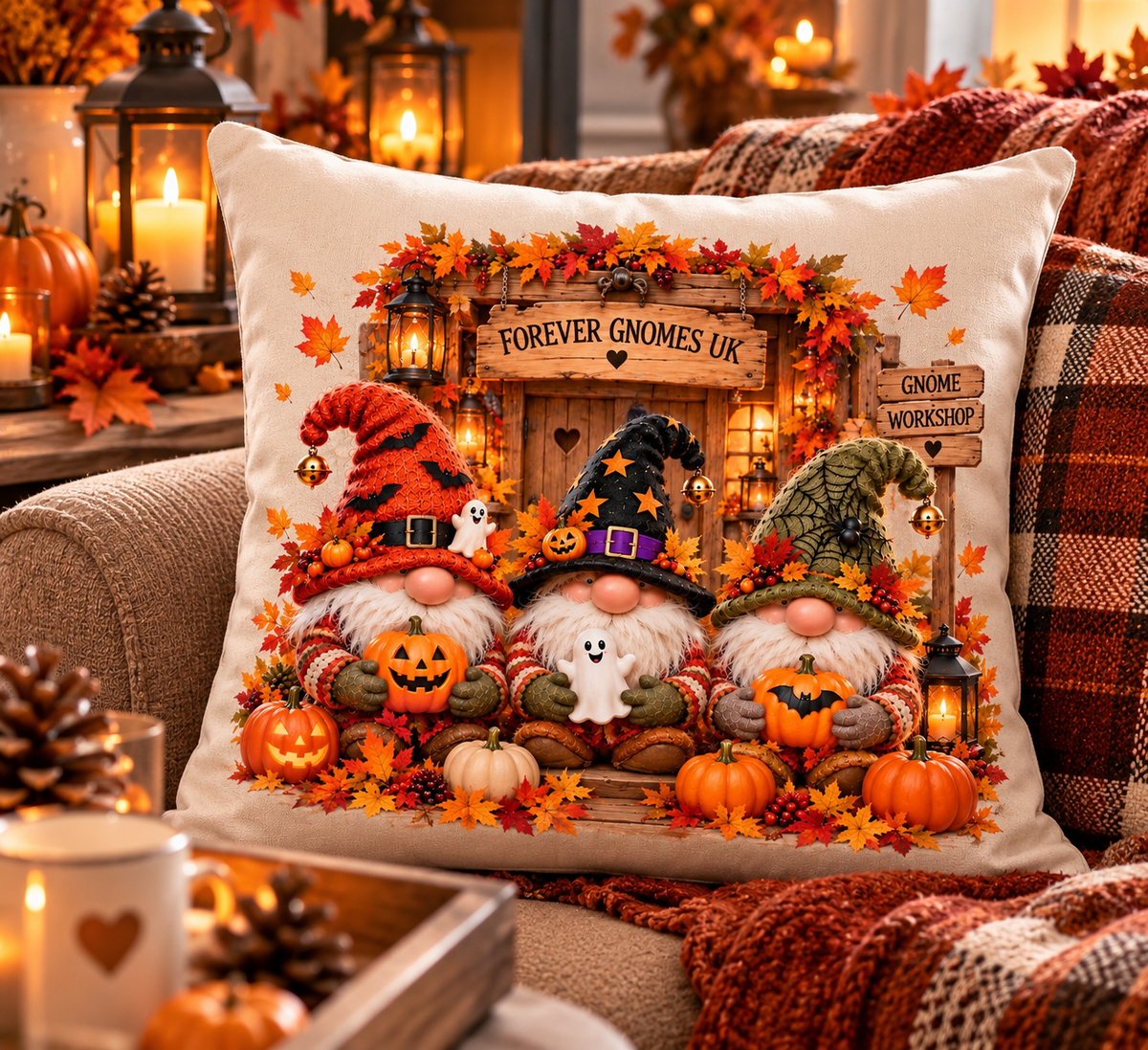Workshop Gnomes Halloween Cushion – Wilfred, Alfie & Barnaby | Pumpkin & Ghost Autumn Cushion | Forever Gnomes UK