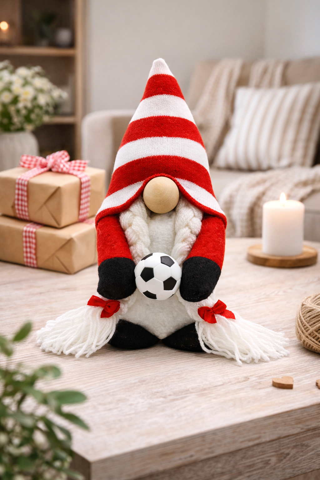 Handmade Red and White Football Gonk with Platts, Nordic Gnome, Swedish Tomte