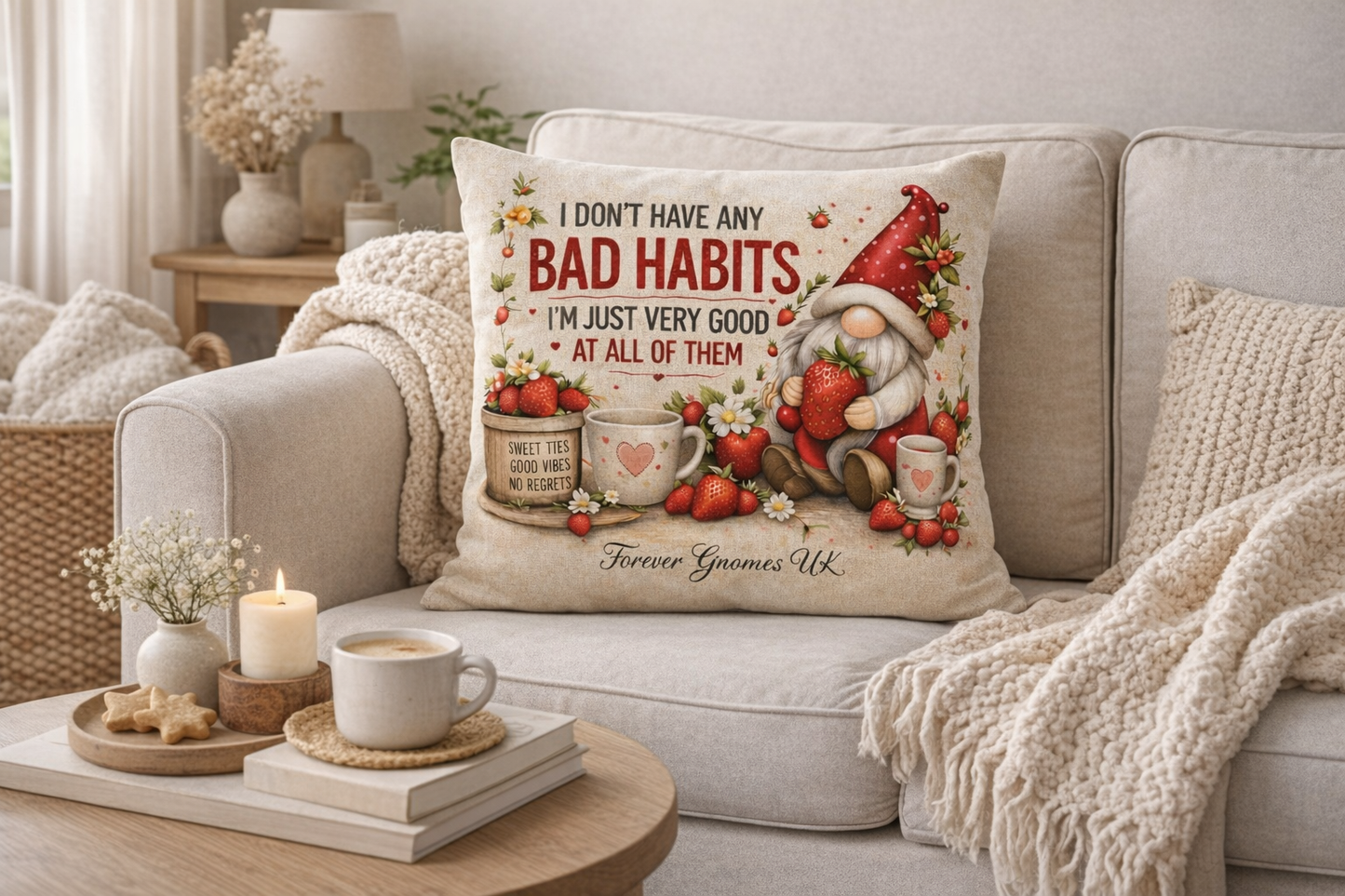 Strawberries & Cream “Bad Habits” Linen Cushion Exclusive to Forever Gnomes UK