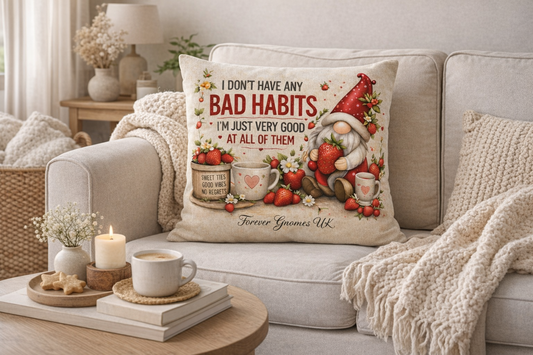Strawberries & Cream “Bad Habits” Linen Cushion Exclusive to Forever Gnomes UK