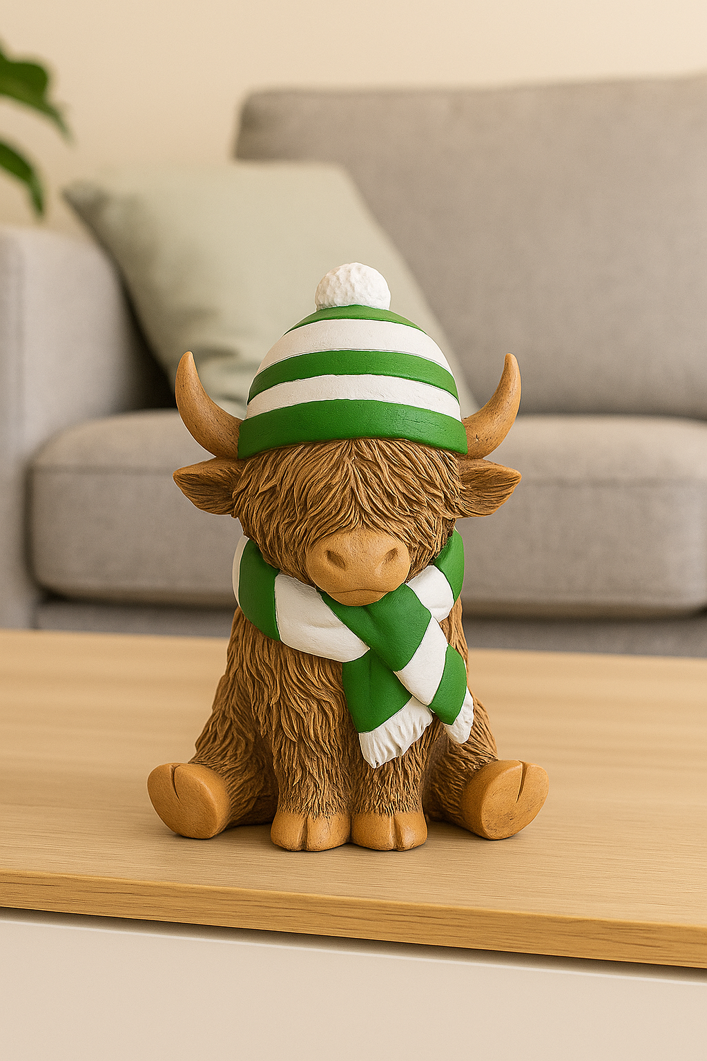 Highland Cow Ornament with Green and White Scarf