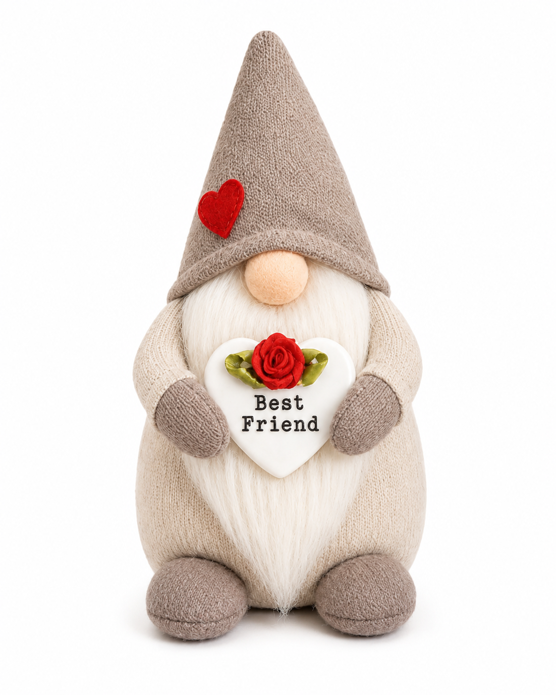 Best Friend Handmade Gonk – Taupe Friendship Gnome with Ceramic Heart & Rose | Forever Gnomes UK