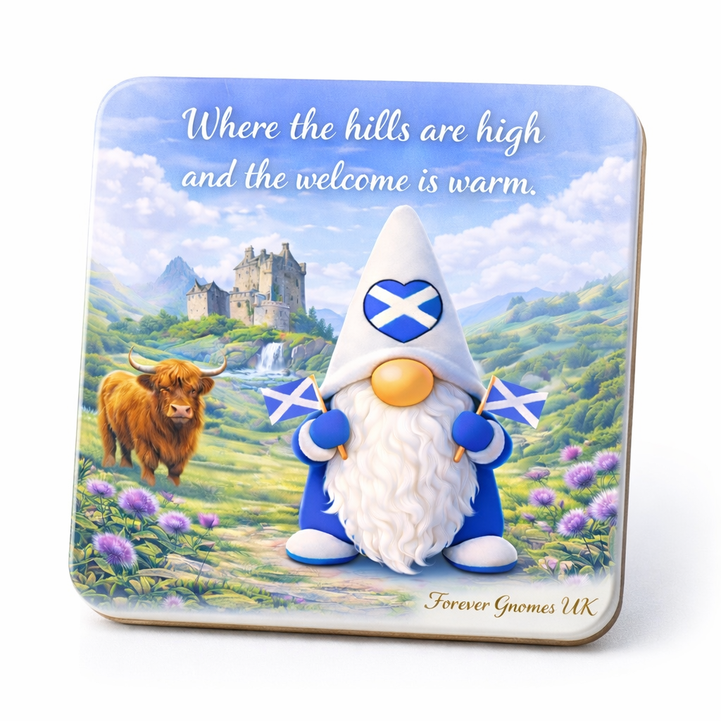 Scottish Highland Gonk Ceramic Coaster – 10 x 10 cm