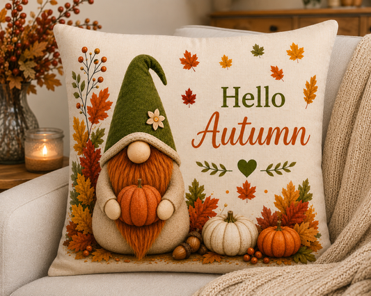 Hello Autumn Gnome Cushion | Linen Autumn Cushion | Forever Gnomes UK