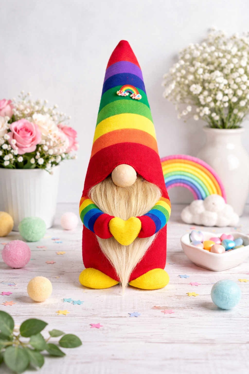 Handmade Rainbow Nordic Gnome With Felt Wool Heart, Gonk, Swedish Tomte